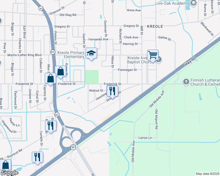 map of restaurants, bars, coffee shops, grocery stores, and more near 6519 Jasmine Street in Moss Point