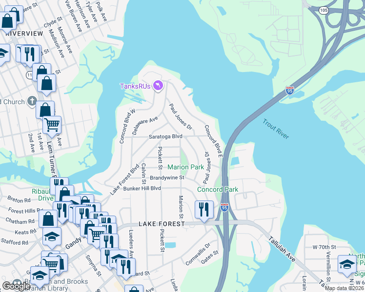 map of restaurants, bars, coffee shops, grocery stores, and more near 904 Saratoga Boulevard in Jacksonville