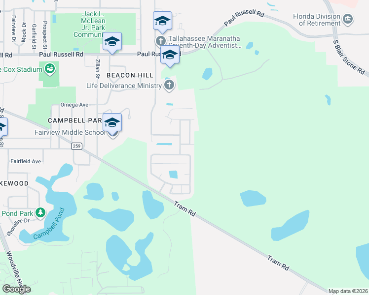 map of restaurants, bars, coffee shops, grocery stores, and more near 3596 Coyote Creek Drive in Tallahassee