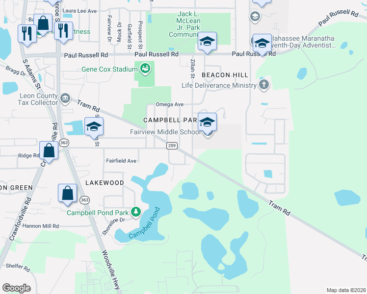 map of restaurants, bars, coffee shops, grocery stores, and more near 3434 Laura Street in Tallahassee