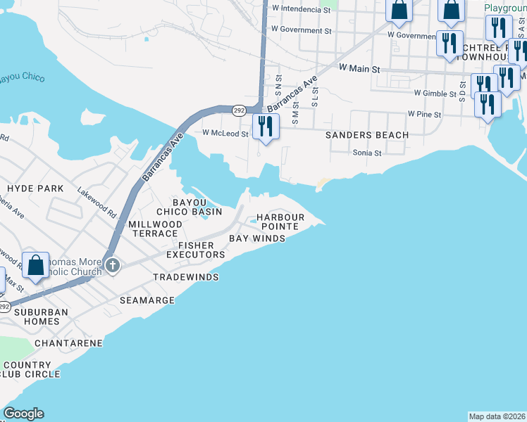 map of restaurants, bars, coffee shops, grocery stores, and more near 3013 Barrancas Avenue in Pensacola