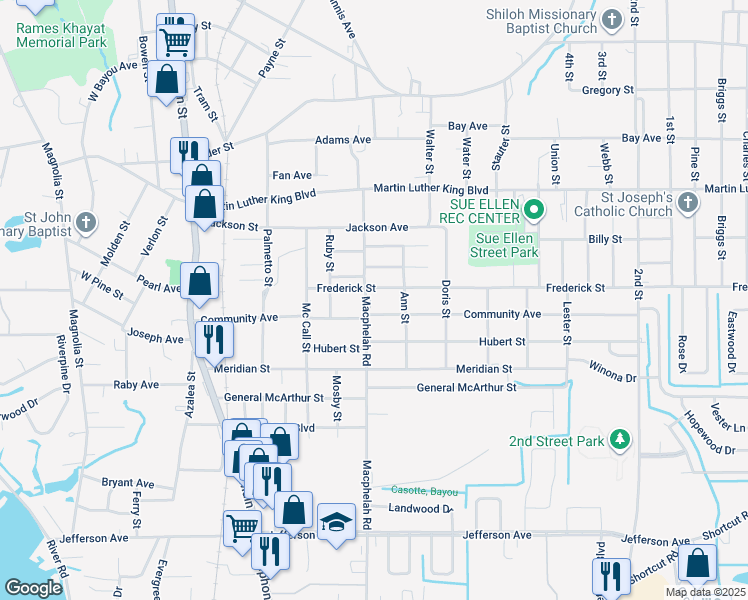 map of restaurants, bars, coffee shops, grocery stores, and more near 4807-4819 Frederick Street in Moss Point