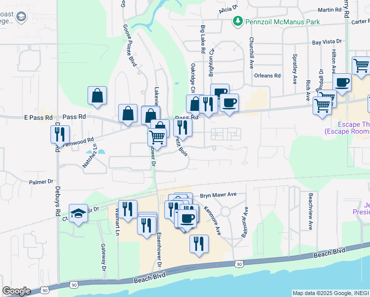 map of restaurants, bars, coffee shops, grocery stores, and more near 2640 Rue Palafox in Biloxi