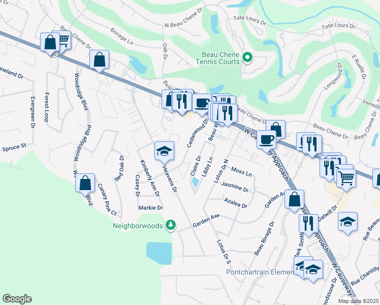 map of restaurants, bars, coffee shops, grocery stores, and more near 436 Cedarwood Drive in Mandeville
