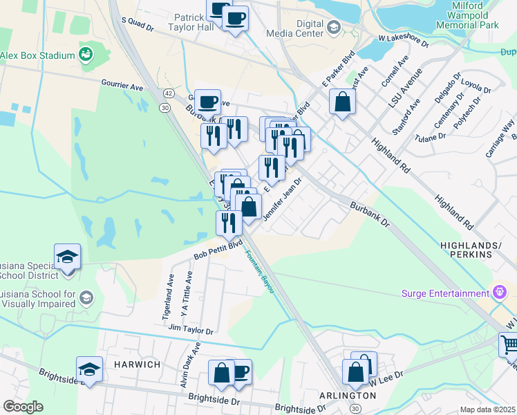 map of restaurants, bars, coffee shops, grocery stores, and more near 1408 East Boyd Drive in Baton Rouge