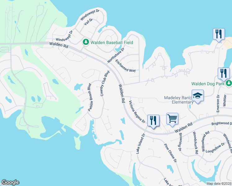 map of restaurants, bars, coffee shops, grocery stores, and more near 13159 Walden Road in Montgomery