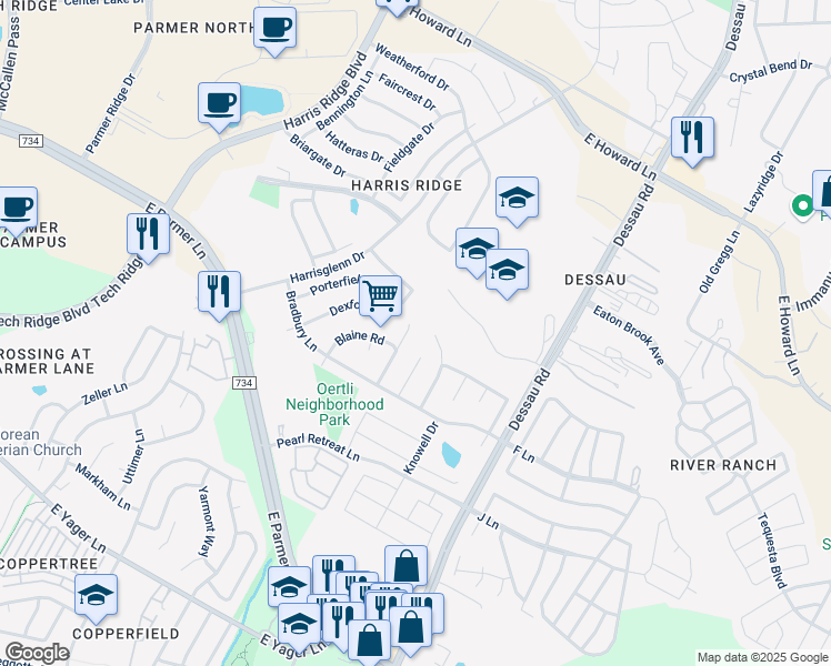 map of restaurants, bars, coffee shops, grocery stores, and more near 1427 Dexford Drive in Austin