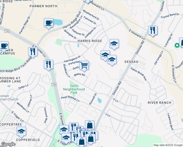 map of restaurants, bars, coffee shops, grocery stores, and more near 1427 Dexford Drive in Austin