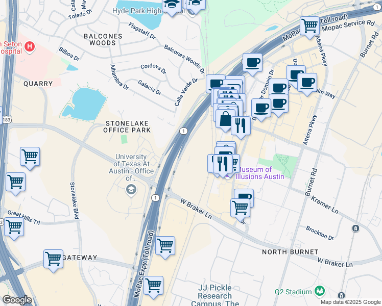 map of restaurants, bars, coffee shops, grocery stores, and more near 11201 N Mopac Expy in Austin