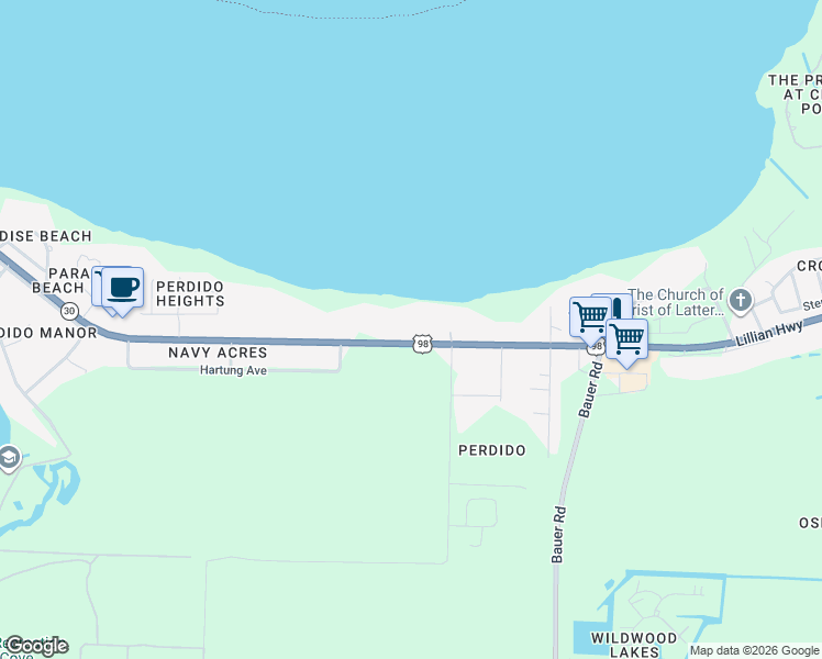 map of restaurants, bars, coffee shops, grocery stores, and more near 12660 Lillian Highway in Pensacola