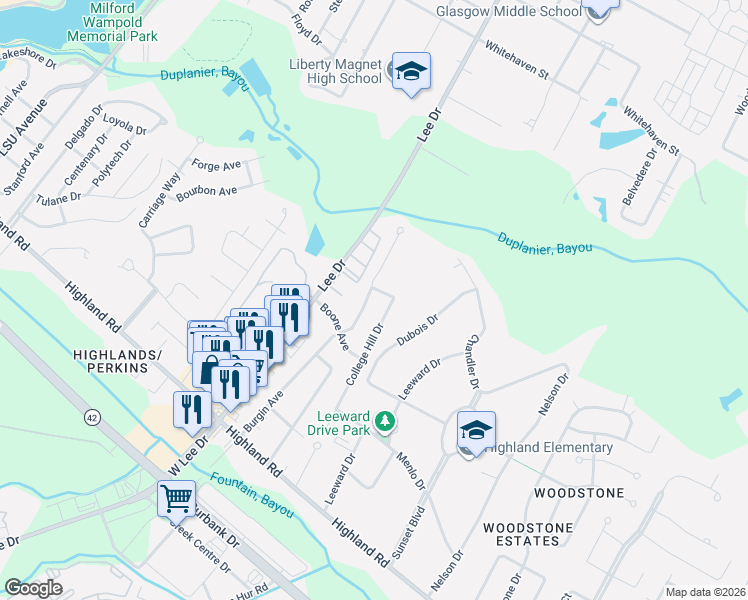 map of restaurants, bars, coffee shops, grocery stores, and more near 725 Burgin Avenue in Baton Rouge