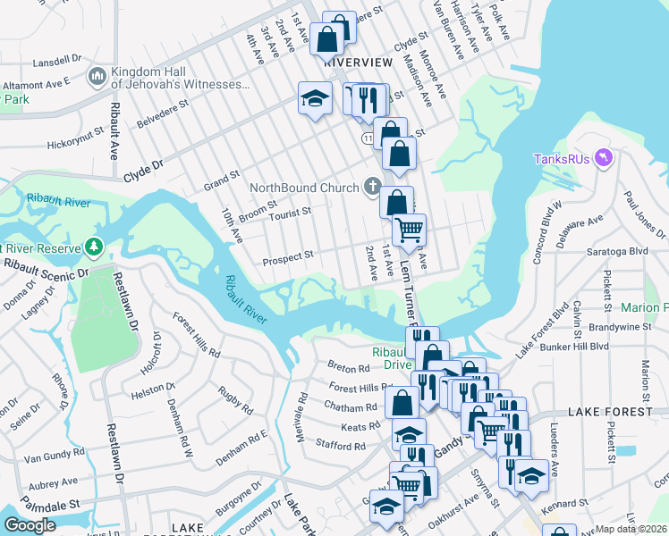 map of restaurants, bars, coffee shops, grocery stores, and more near 8652 4th Avenue in Jacksonville