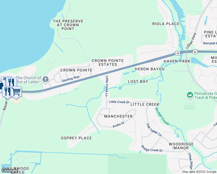 map of restaurants, bars, coffee shops, grocery stores, and more near 11118 Little Creek Lane in Pensacola