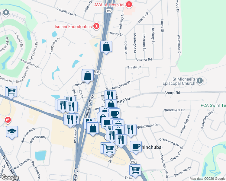 map of restaurants, bars, coffee shops, grocery stores, and more near 4535 Marquette Street in Mandeville