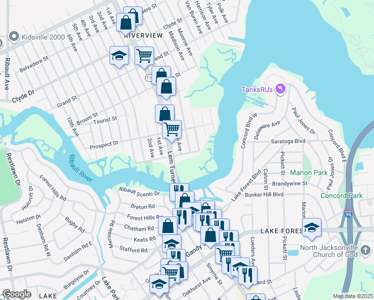 map of restaurants, bars, coffee shops, grocery stores, and more near 8604 Adams Avenue in Jacksonville