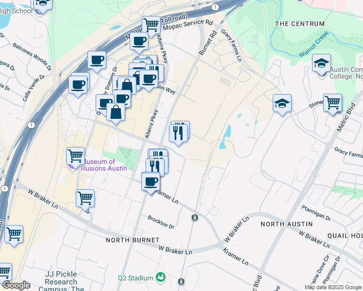 map of restaurants, bars, coffee shops, grocery stores, and more near 2700 Esperanza Crossing in Austin