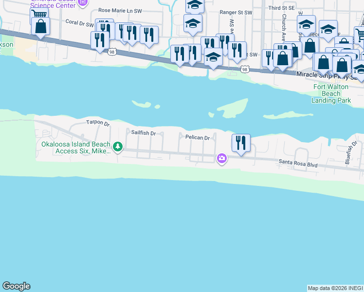 map of restaurants, bars, coffee shops, grocery stores, and more near 635 Pelican Drive in Fort Walton Beach