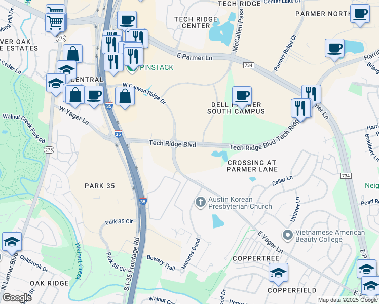 map of restaurants, bars, coffee shops, grocery stores, and more near 12459 Tech Ridge Boulevard in Austin