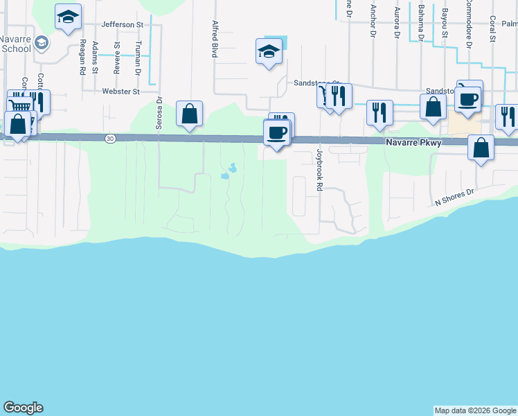 map of restaurants, bars, coffee shops, grocery stores, and more near 1747 Sound Haven Court in Navarre