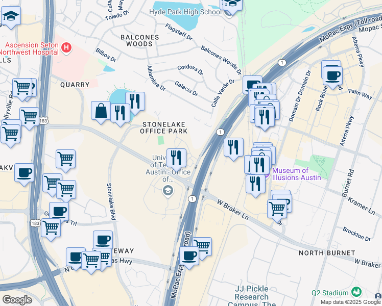 map of restaurants, bars, coffee shops, grocery stores, and more near 10900 Stonelake Boulevard in Austin