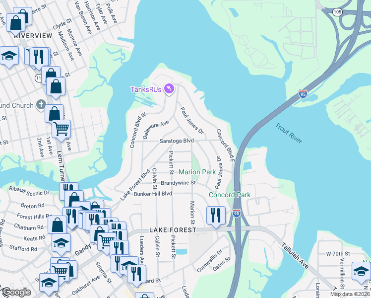map of restaurants, bars, coffee shops, grocery stores, and more near 904 Saratoga Boulevard in Jacksonville