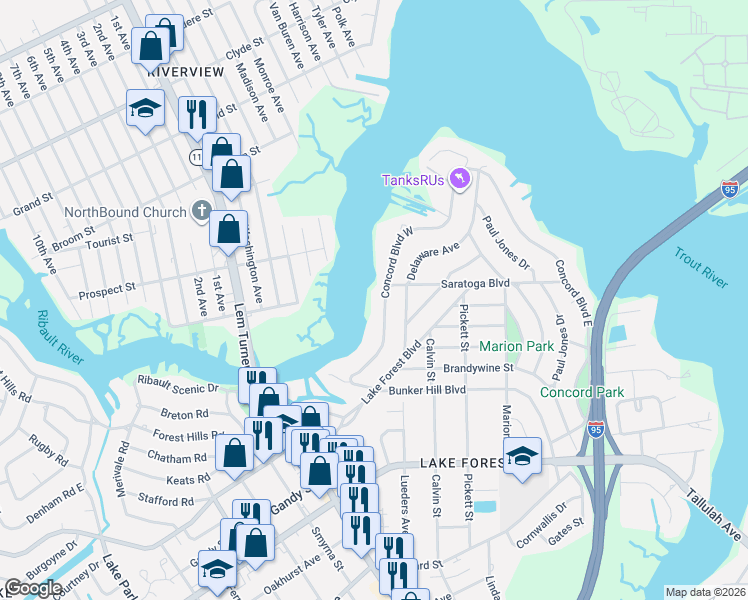 map of restaurants, bars, coffee shops, grocery stores, and more near 8148 Concord Boulevard West in Jacksonville