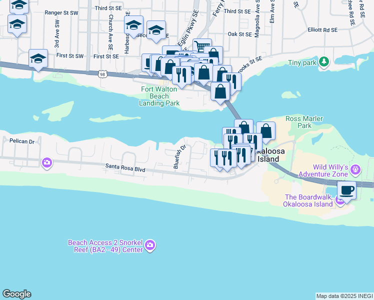 map of restaurants, bars, coffee shops, grocery stores, and more near 330 Bluefish Drive in Fort Walton Beach