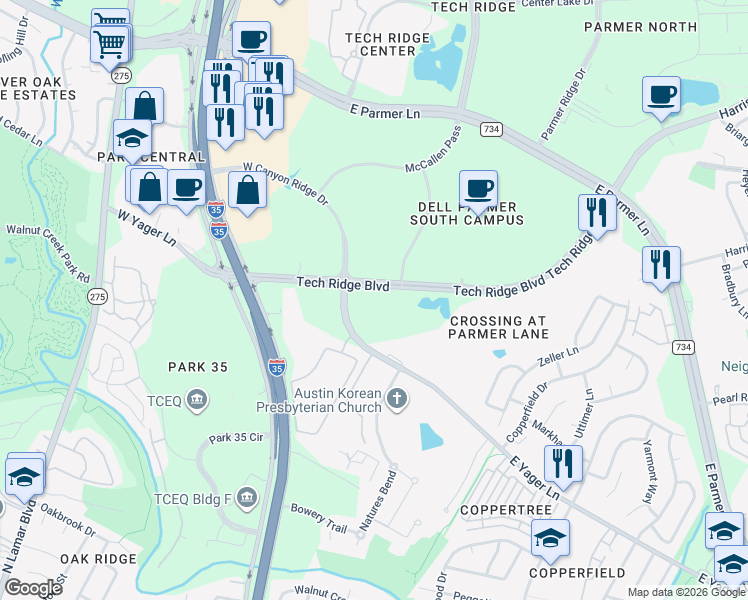 map of restaurants, bars, coffee shops, grocery stores, and more near 12459 Tech Ridge Boulevard in Austin
