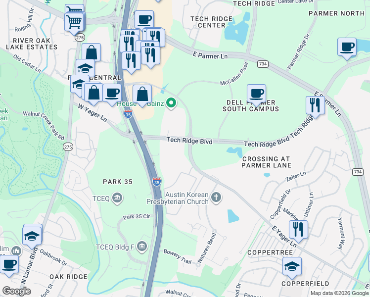 map of restaurants, bars, coffee shops, grocery stores, and more near 12429 Tech Ridge Boulevard in Austin