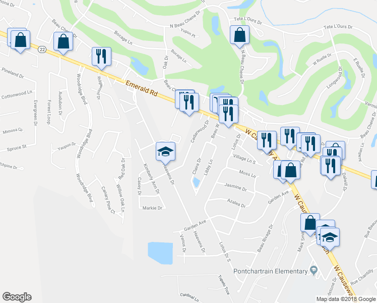 map of restaurants, bars, coffee shops, grocery stores, and more near 525 Cedarwood Drive in Mandeville