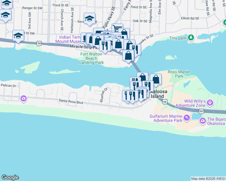 map of restaurants, bars, coffee shops, grocery stores, and more near 330 Bluefish Drive in Fort Walton Beach