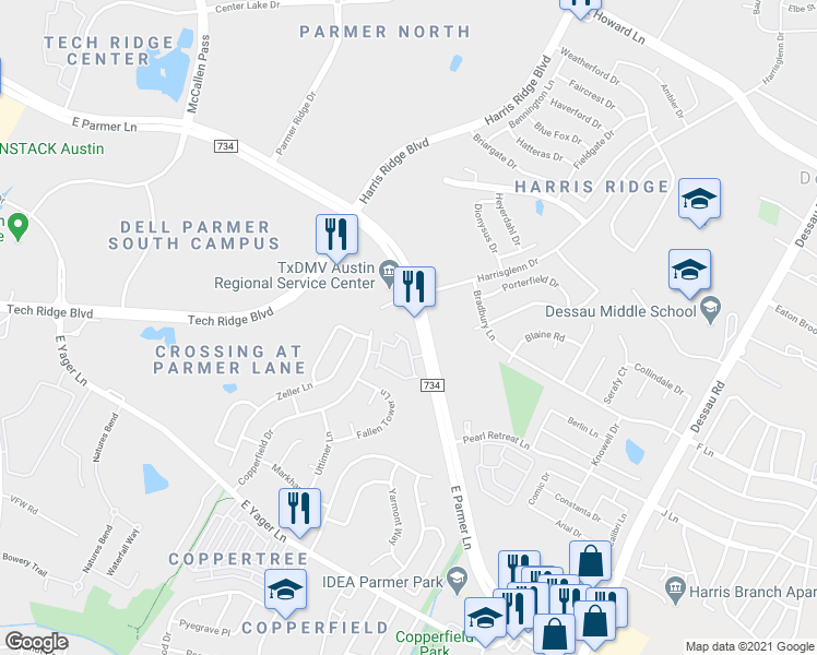 map of restaurants, bars, coffee shops, grocery stores, and more near 1021 East Parmer Lane in Austin