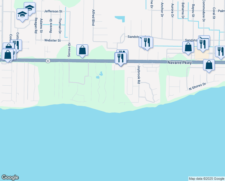 map of restaurants, bars, coffee shops, grocery stores, and more near 1747 Sound Haven Court in Navarre