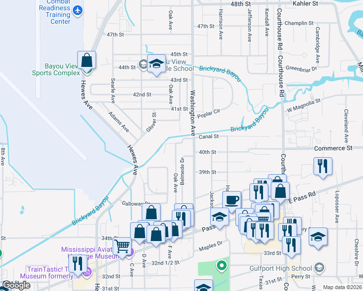 map of restaurants, bars, coffee shops, grocery stores, and more near 200-298 Mimosa Drive in Gulfport