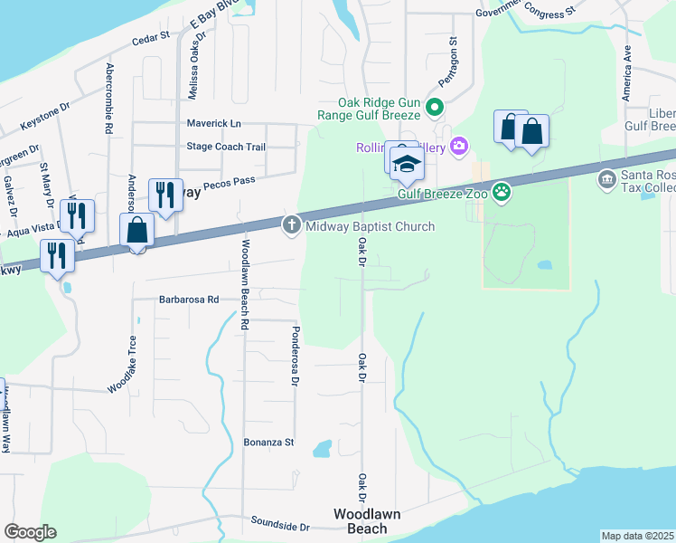 map of restaurants, bars, coffee shops, grocery stores, and more near 5644 Brookwood Drive in Gulf Breeze