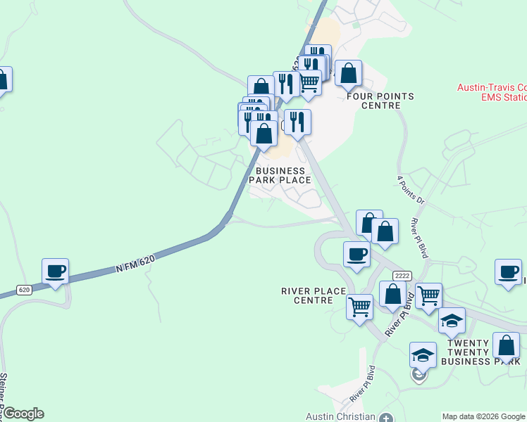 map of restaurants, bars, coffee shops, grocery stores, and more near 6701 North FM 620 in Austin