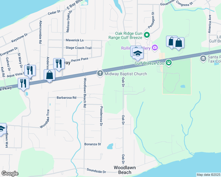 map of restaurants, bars, coffee shops, grocery stores, and more near 5644 Brookwood Drive in Gulf Breeze
