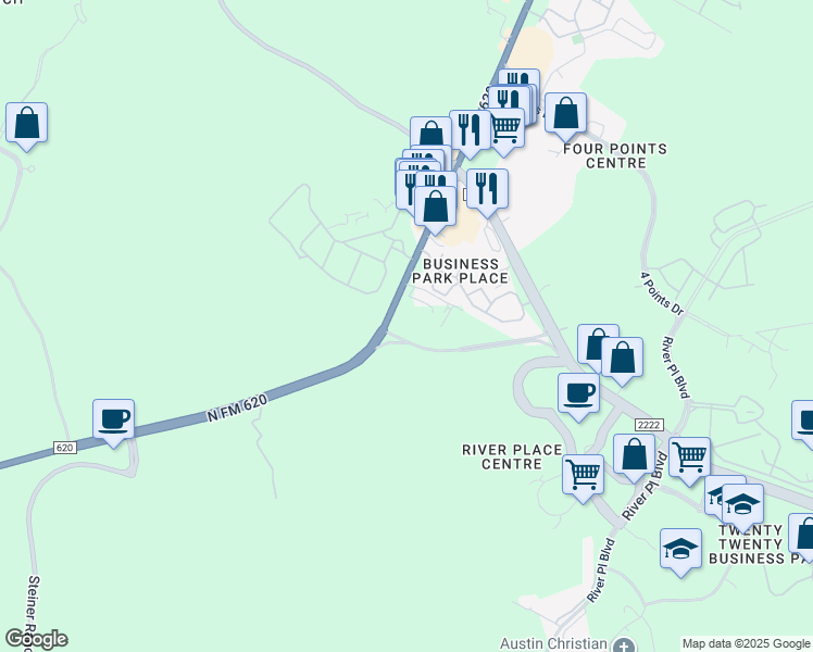 map of restaurants, bars, coffee shops, grocery stores, and more near 6701 Ranch Road 620 North in Austin