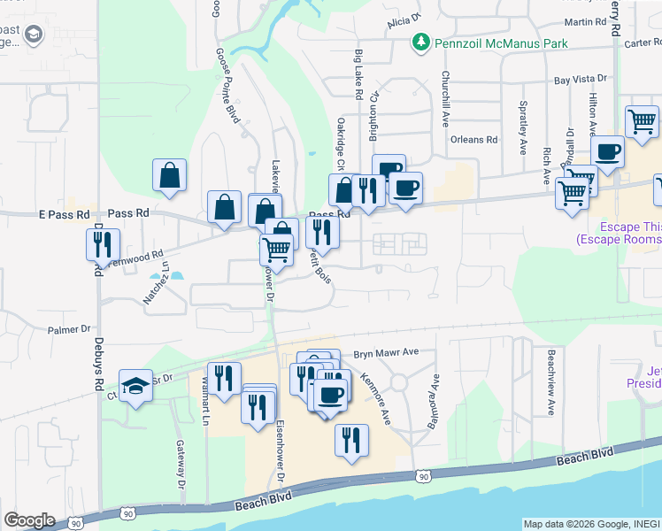 map of restaurants, bars, coffee shops, grocery stores, and more near 2661 Rue Palafox in Biloxi