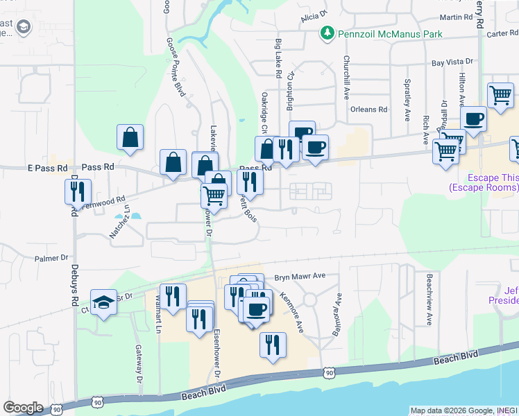 map of restaurants, bars, coffee shops, grocery stores, and more near 2640 Rue Palafox in Biloxi