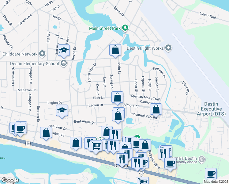 map of restaurants, bars, coffee shops, grocery stores, and more near 329 Main Street in Destin