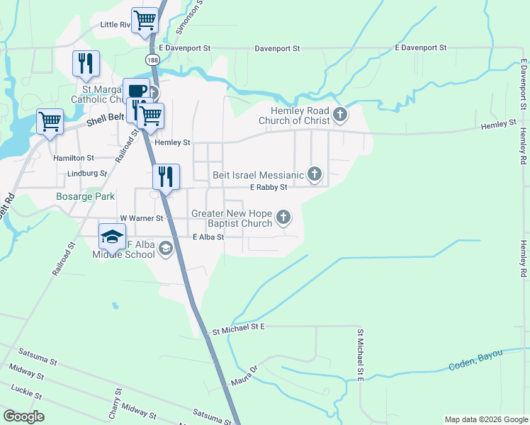 map of restaurants, bars, coffee shops, grocery stores, and more near 8451 East Rabby Street in Bayou La Batre