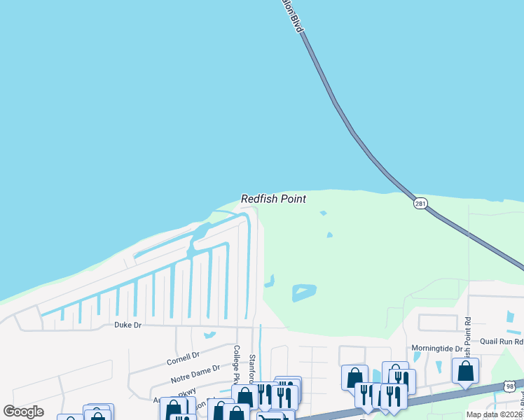 map of restaurants, bars, coffee shops, grocery stores, and more near 1710 Stanford Road in Gulf Breeze