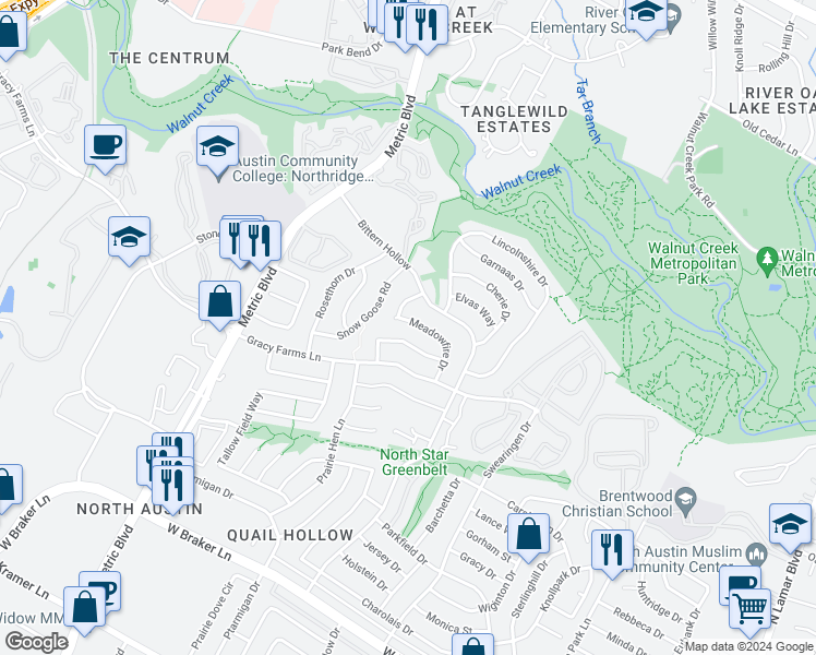 map of restaurants, bars, coffee shops, grocery stores, and more near 11934 Meadowfire Drive in Austin