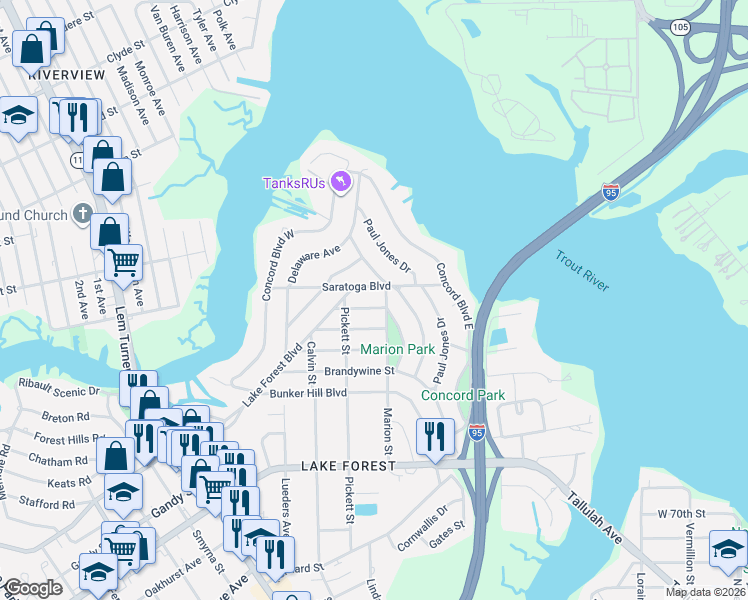 map of restaurants, bars, coffee shops, grocery stores, and more near 904 Saratoga Boulevard in Jacksonville