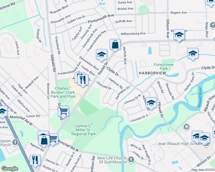map of restaurants, bars, coffee shops, grocery stores, and more near 4962 Rochdale Road in Jacksonville