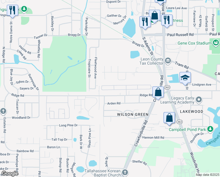 map of restaurants, bars, coffee shops, grocery stores, and more near 400 Americana Street in Tallahassee