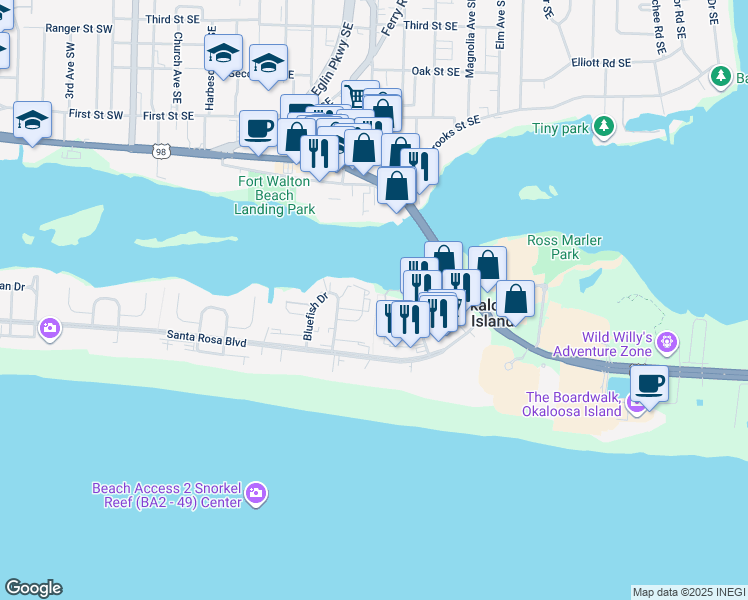 map of restaurants, bars, coffee shops, grocery stores, and more near 321 Bream Avenue in Fort Walton Beach