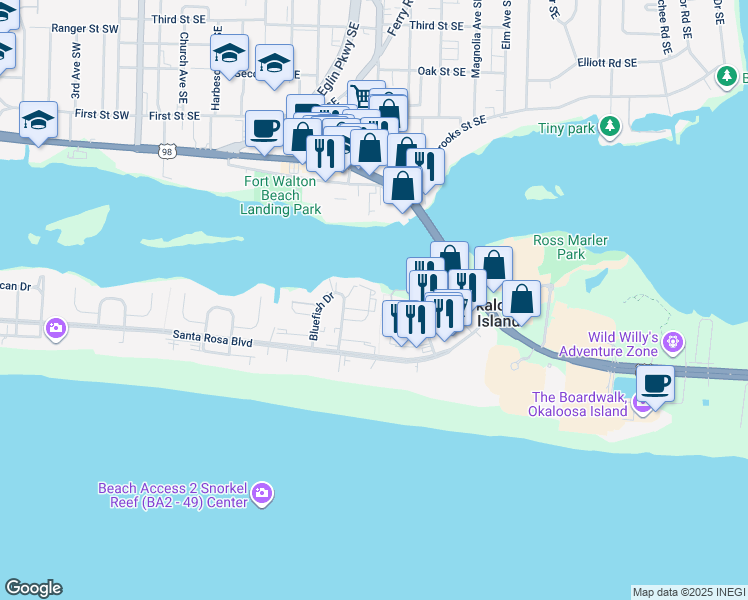 map of restaurants, bars, coffee shops, grocery stores, and more near 321 Bream Avenue in Fort Walton Beach