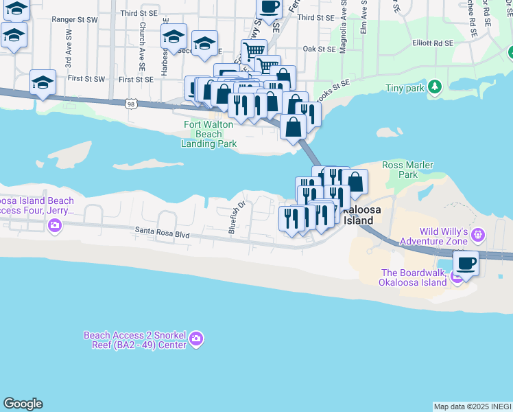 map of restaurants, bars, coffee shops, grocery stores, and more near 330 Bluefish Drive in Fort Walton Beach
